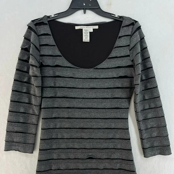 Max Studio Mini Dress Sz M Black Gray Scoop Neck Striped 3/4 Sleeve Stretch - Picture 6 of 10